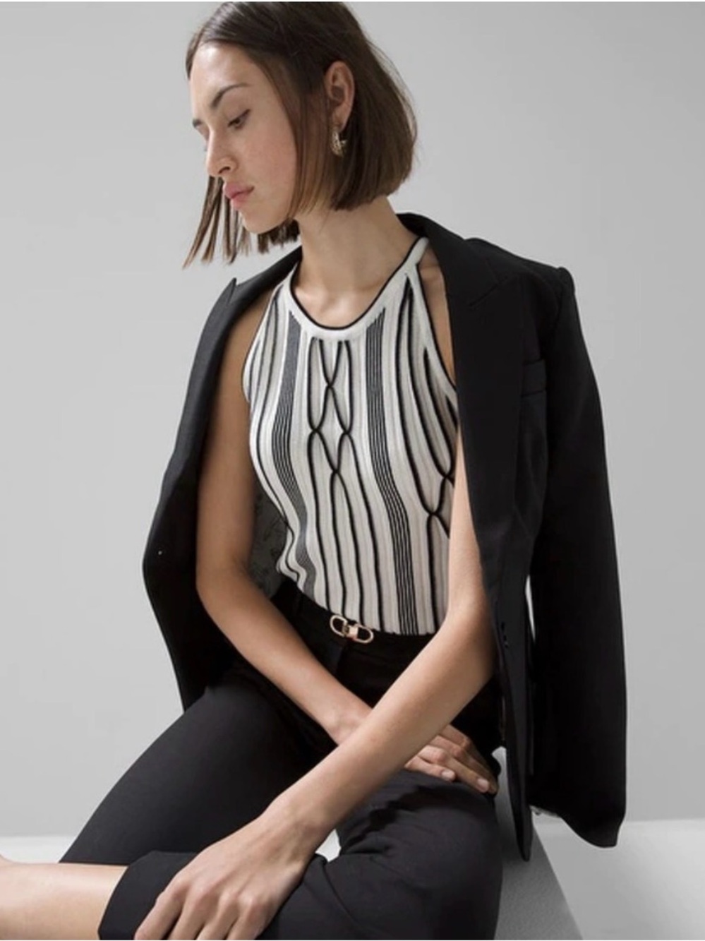 White House Black Market Black & White Striped Knit Tank